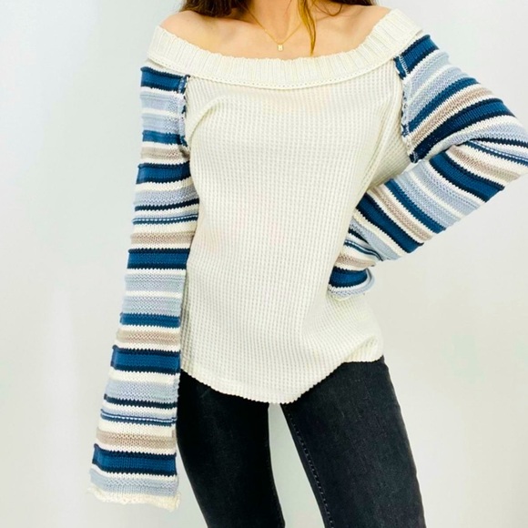 Altar'd State Off The Shoulder Bell Sleeve Knit Thermal Blue Striped Sweater S - Picture 1 of 11